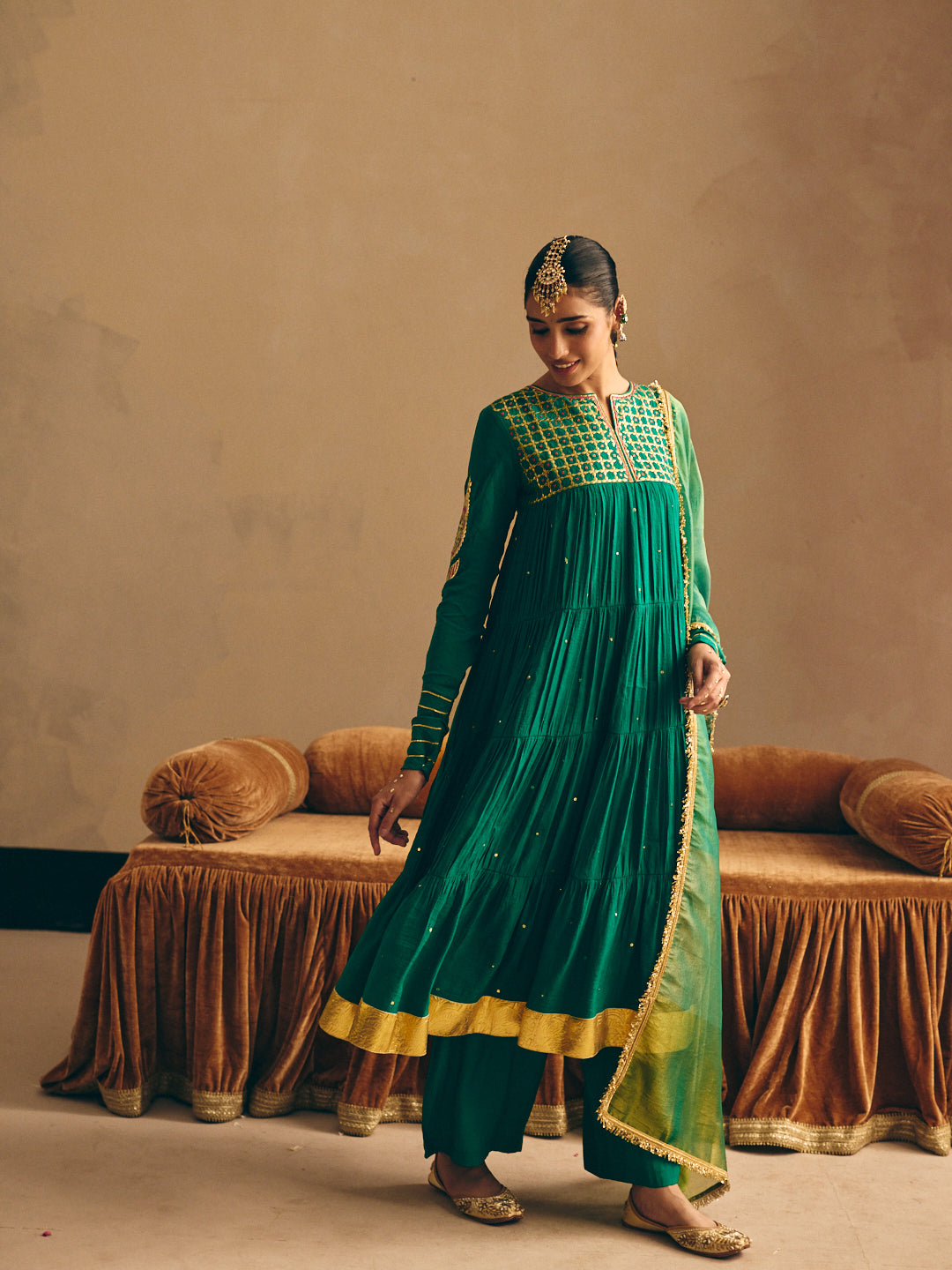 Women's Green Embroidered Anarkali Kurta with Palazzo & Dupatta