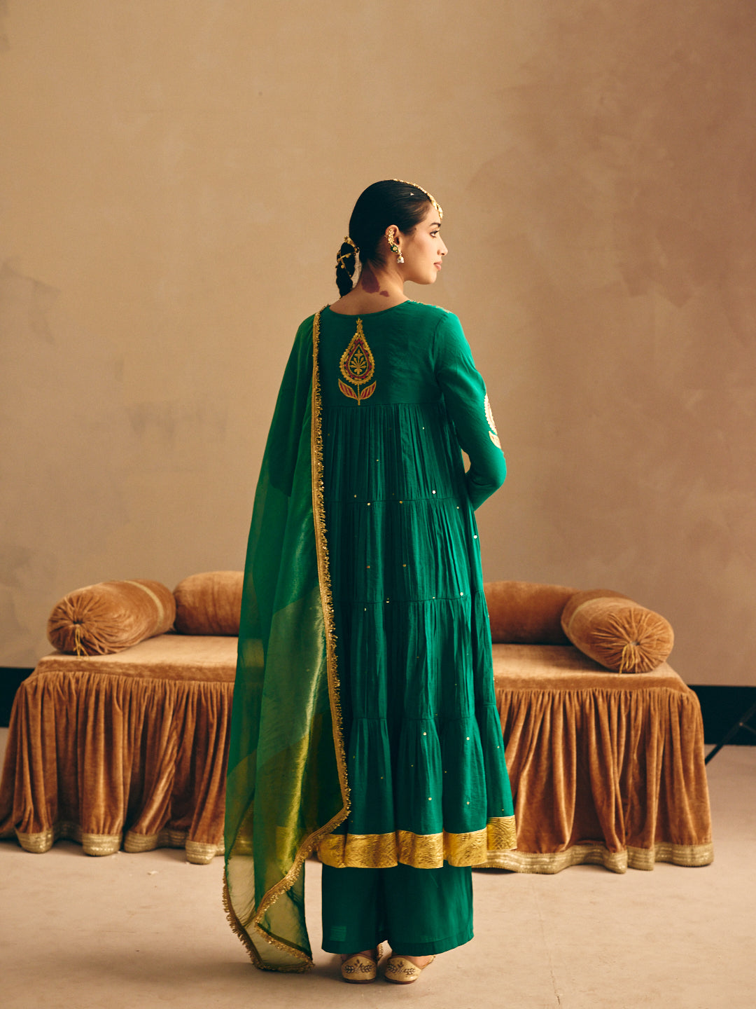 Women's Green Embroidered Anarkali Kurta with Palazzo & Dupatta