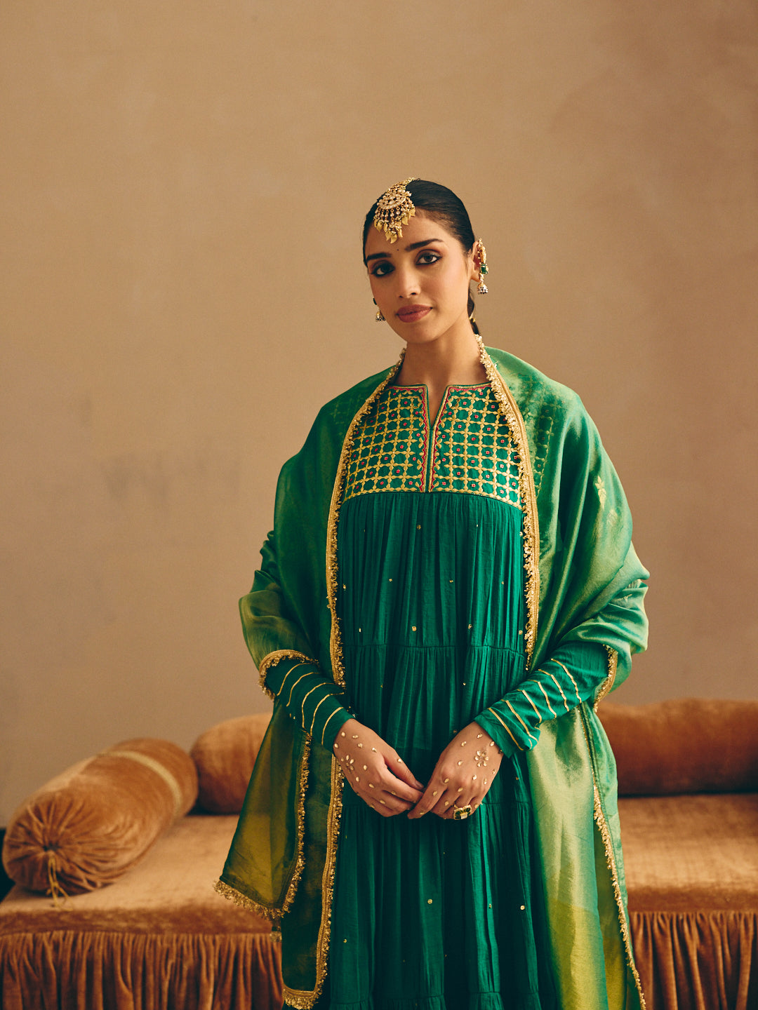 Women's Green Embroidered Anarkali Kurta with Palazzo & Dupatta