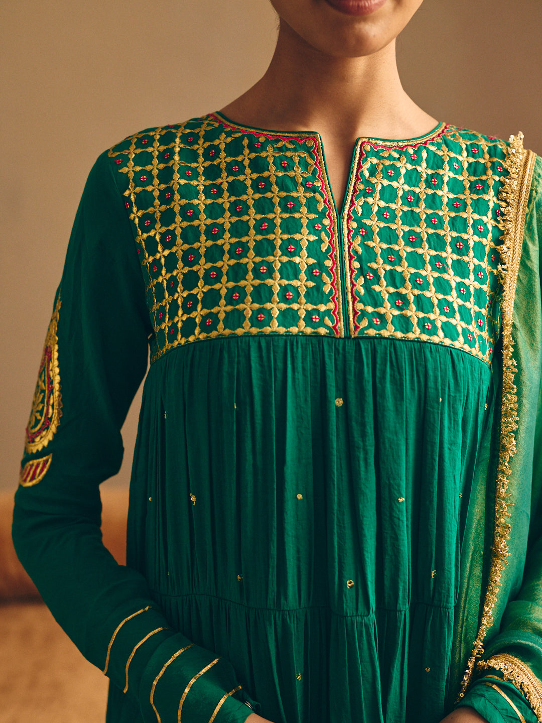 Women's Green Embroidered Anarkali Kurta with Palazzo & Dupatta
