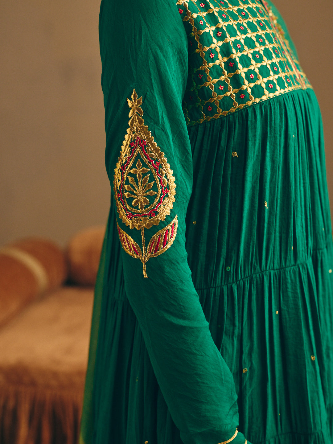 Women's Green Embroidered Anarkali Kurta with Palazzo & Dupatta