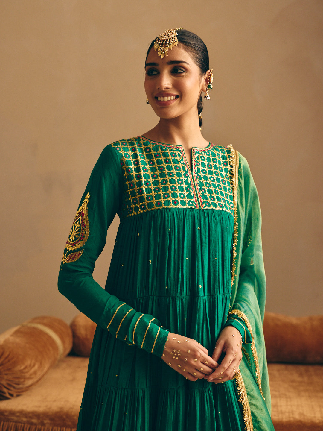 Women's Green Embroidered Anarkali Kurta with Palazzo & Dupatta