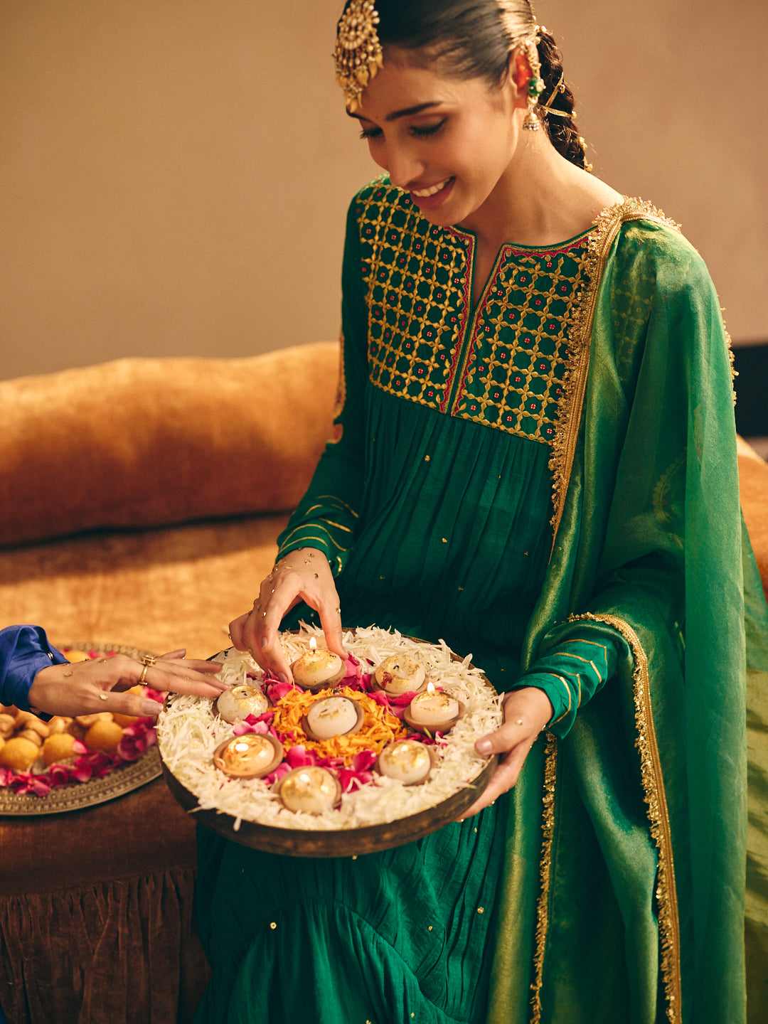 Women's Green Embroidered Anarkali Kurta with Palazzo & Dupatta