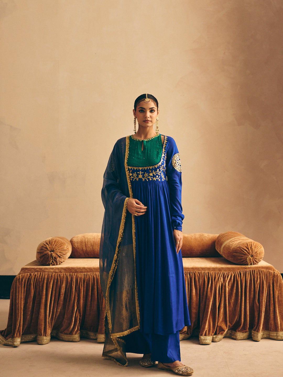 Women's Blue Embroidered Anarkali Kurta with Palazzo & Dupatta