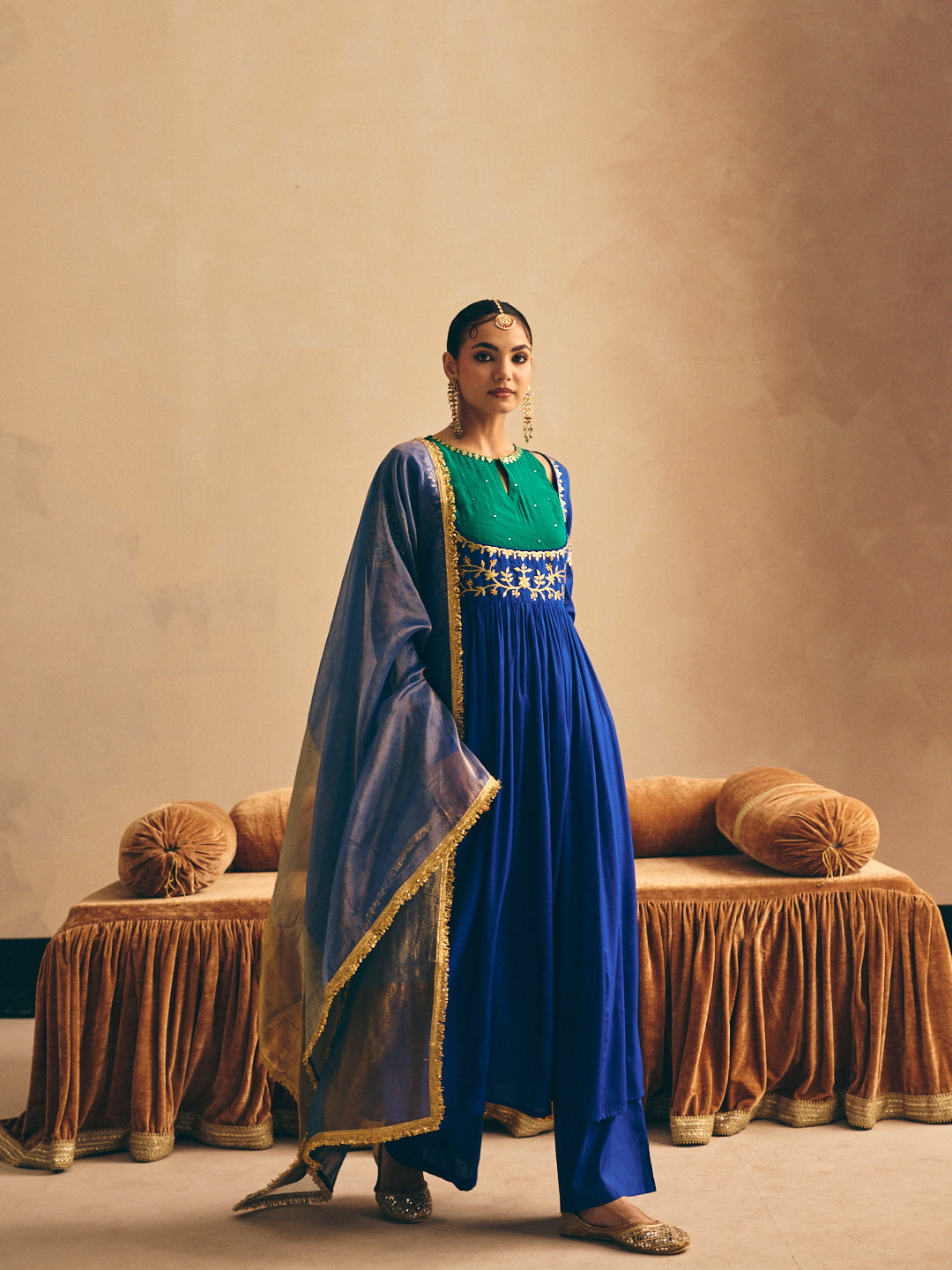 Women's Blue Embroidered Anarkali Kurta with Palazzo & Dupatta