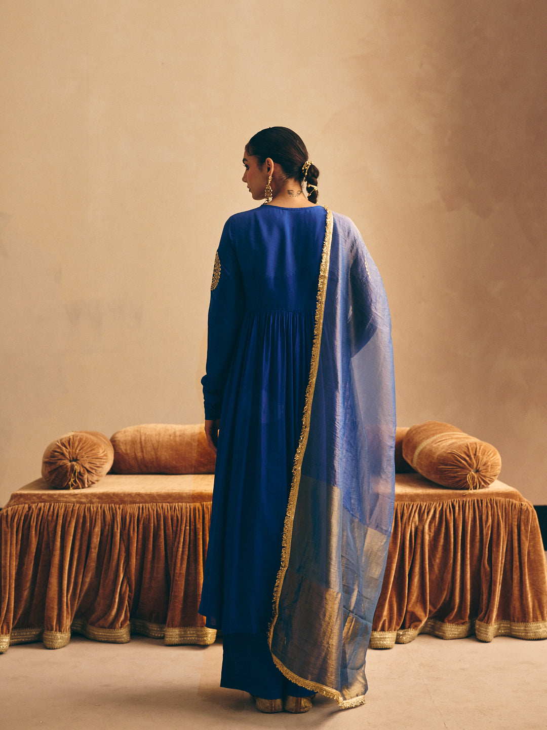 Women's Blue Embroidered Anarkali Kurta with Palazzo & Dupatta