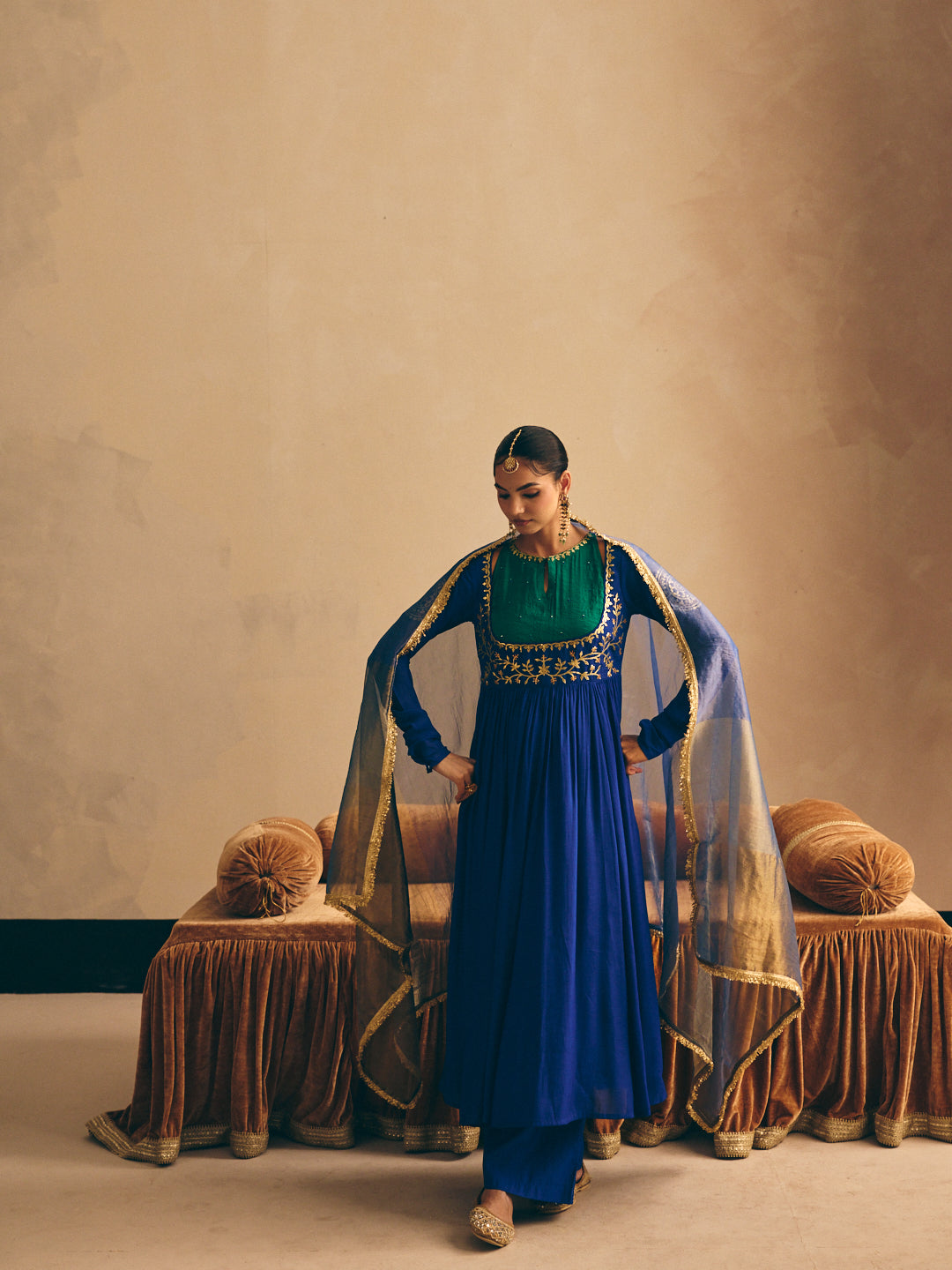 Women's Blue Embroidered Anarkali Kurta with Palazzo & Dupatta