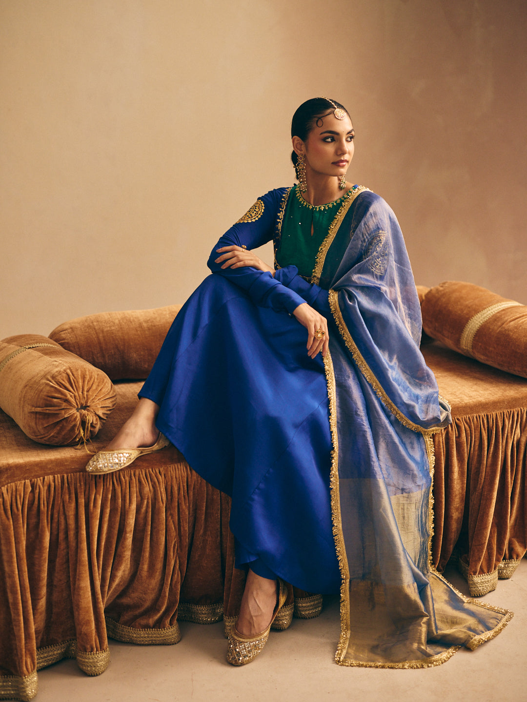 Women's Blue Embroidered Anarkali Kurta with Palazzo & Dupatta