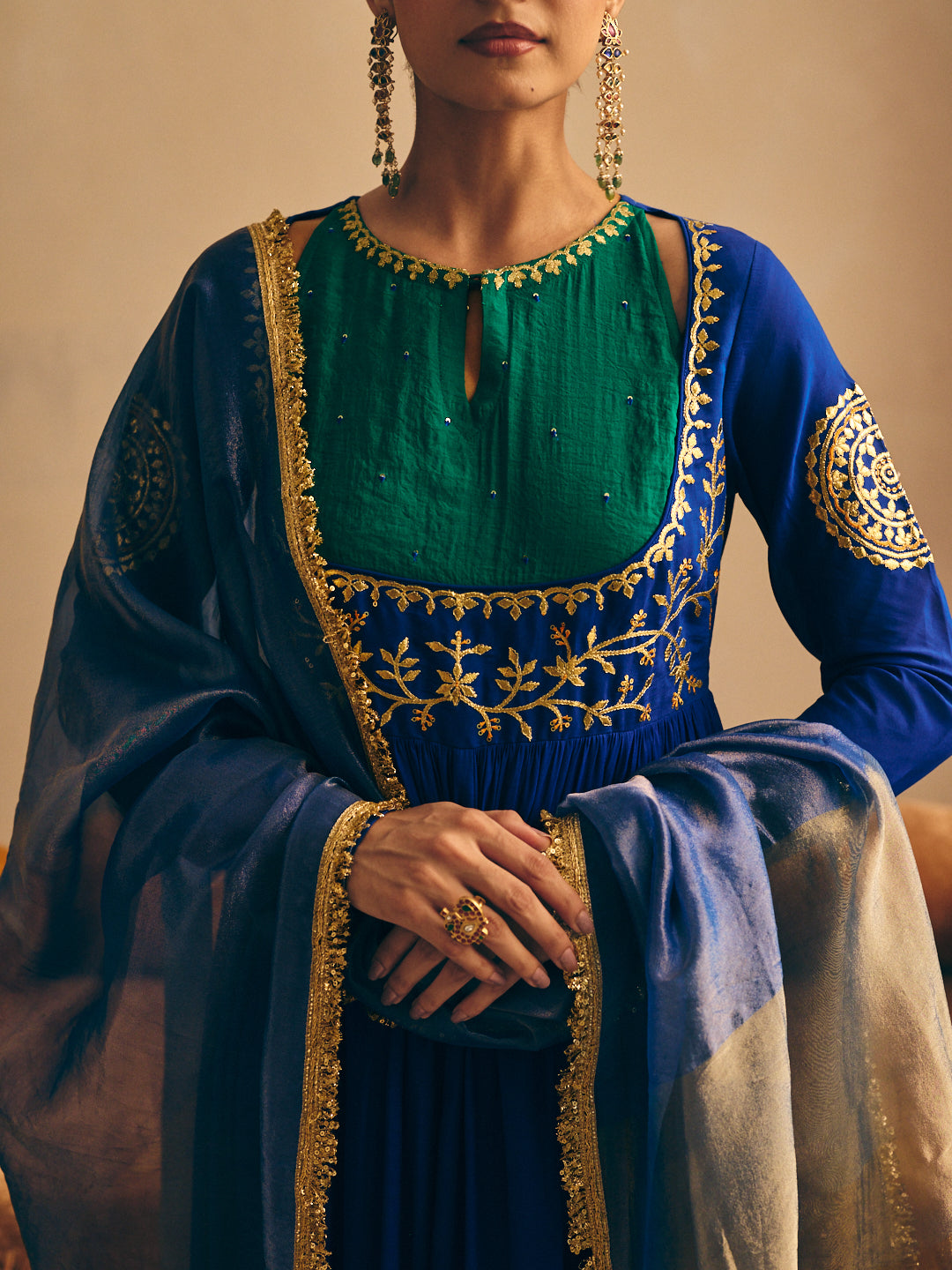 Women's Blue Embroidered Anarkali Kurta with Palazzo & Dupatta