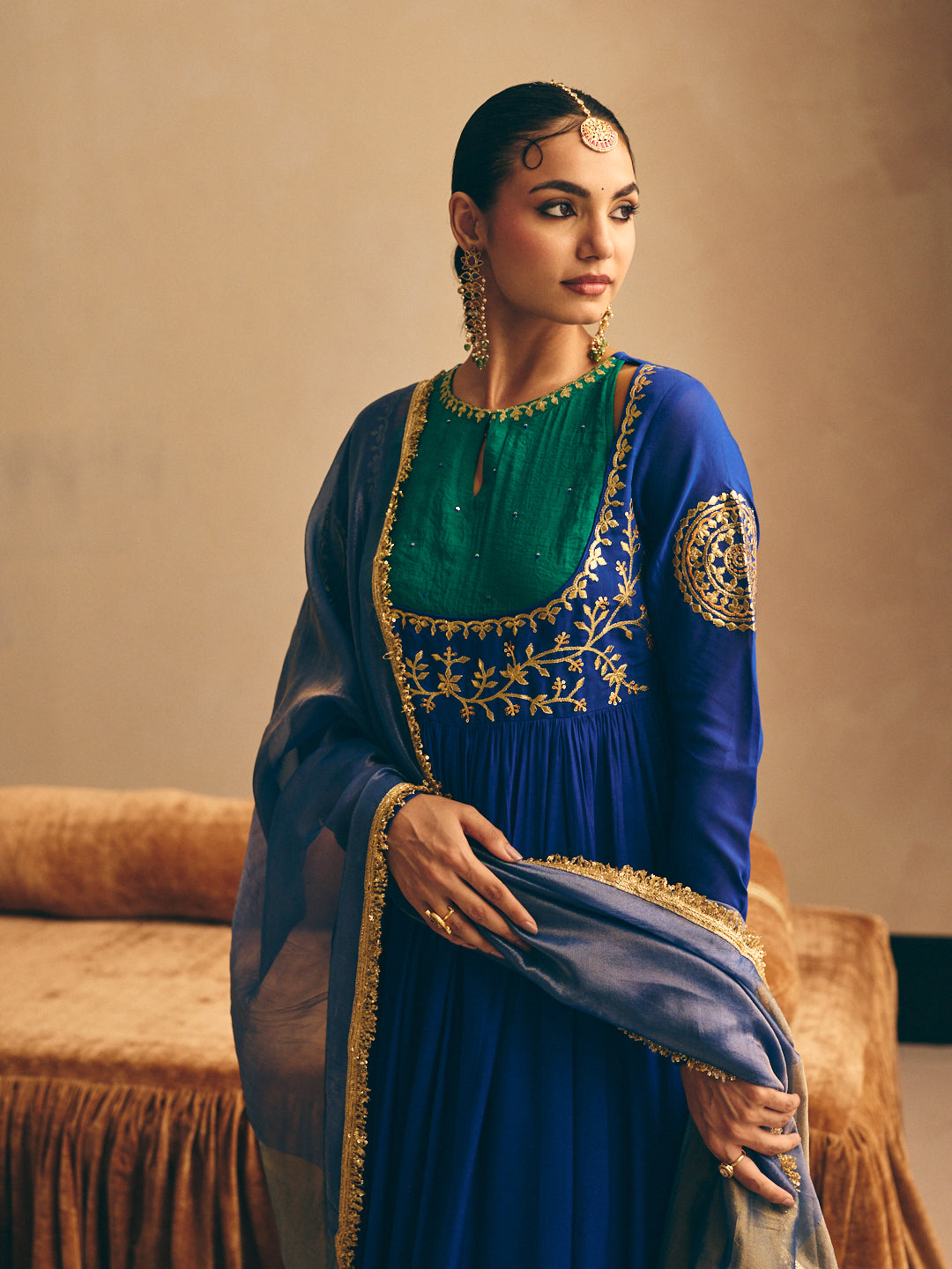 Women's Blue Embroidered Anarkali Kurta with Palazzo & Dupatta