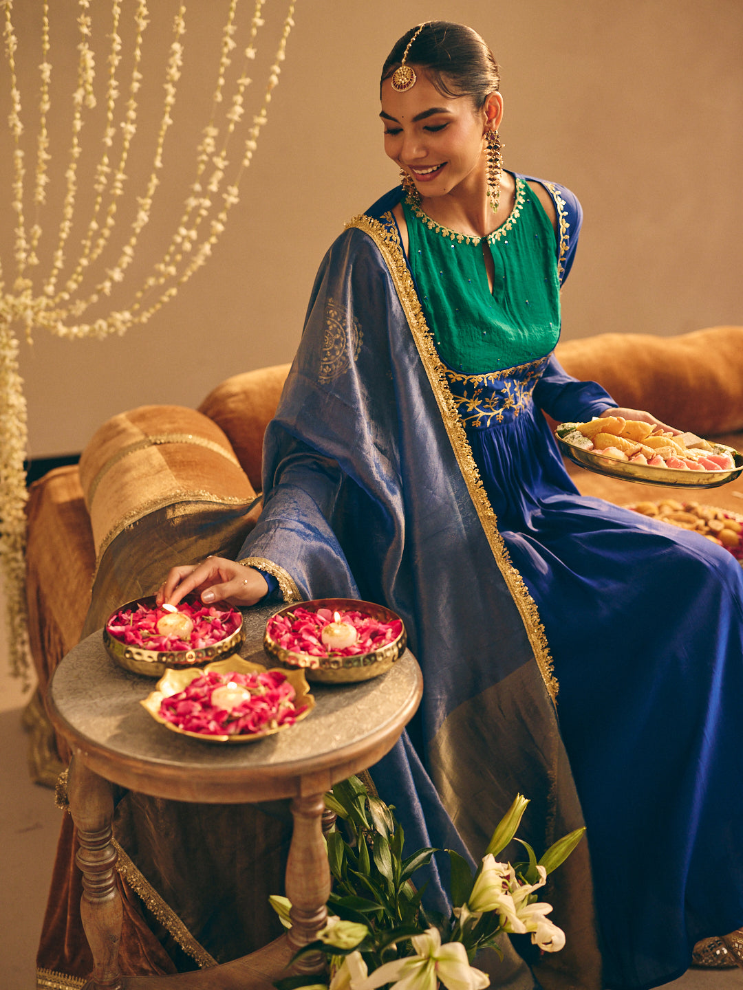 Women's Blue Embroidered Anarkali Kurta with Palazzo & Dupatta