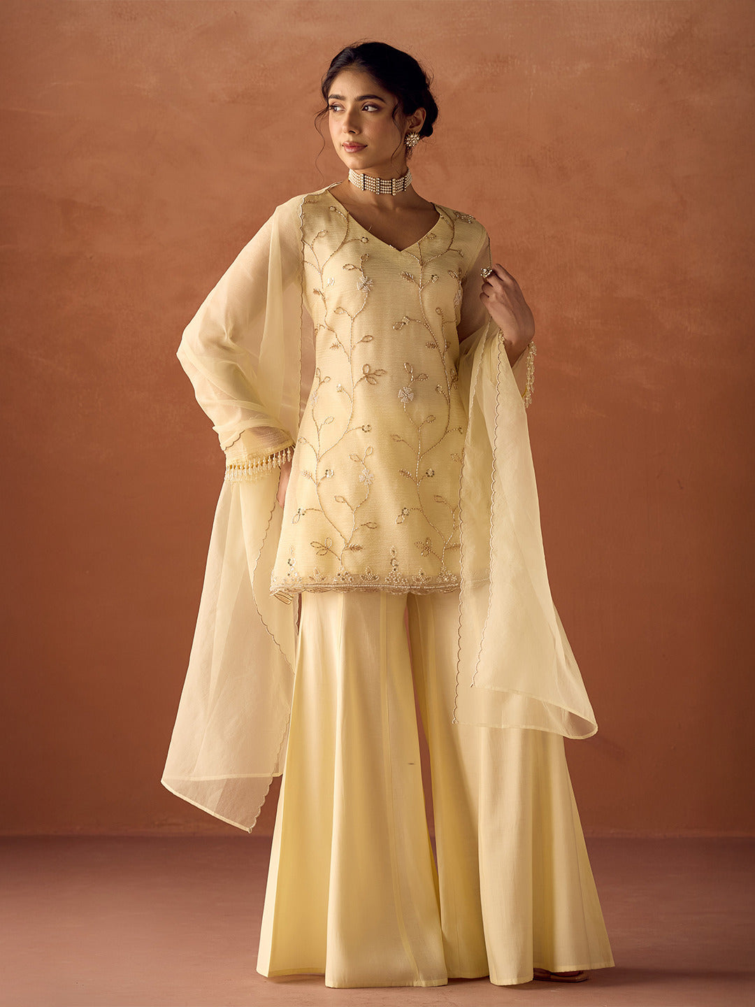 FIORRA Women Light Pastel Yellow Crush Organza Hand Work A-Line Kurta Set with Dupatta