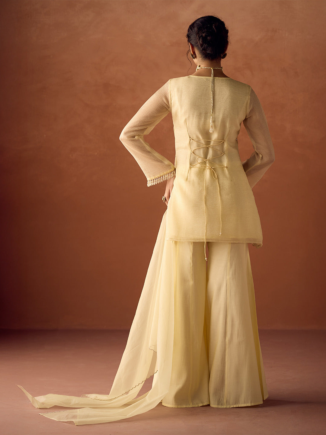 FIORRA Women Light Pastel Yellow Crush Organza Hand Work A-Line Kurta Set with Dupatta