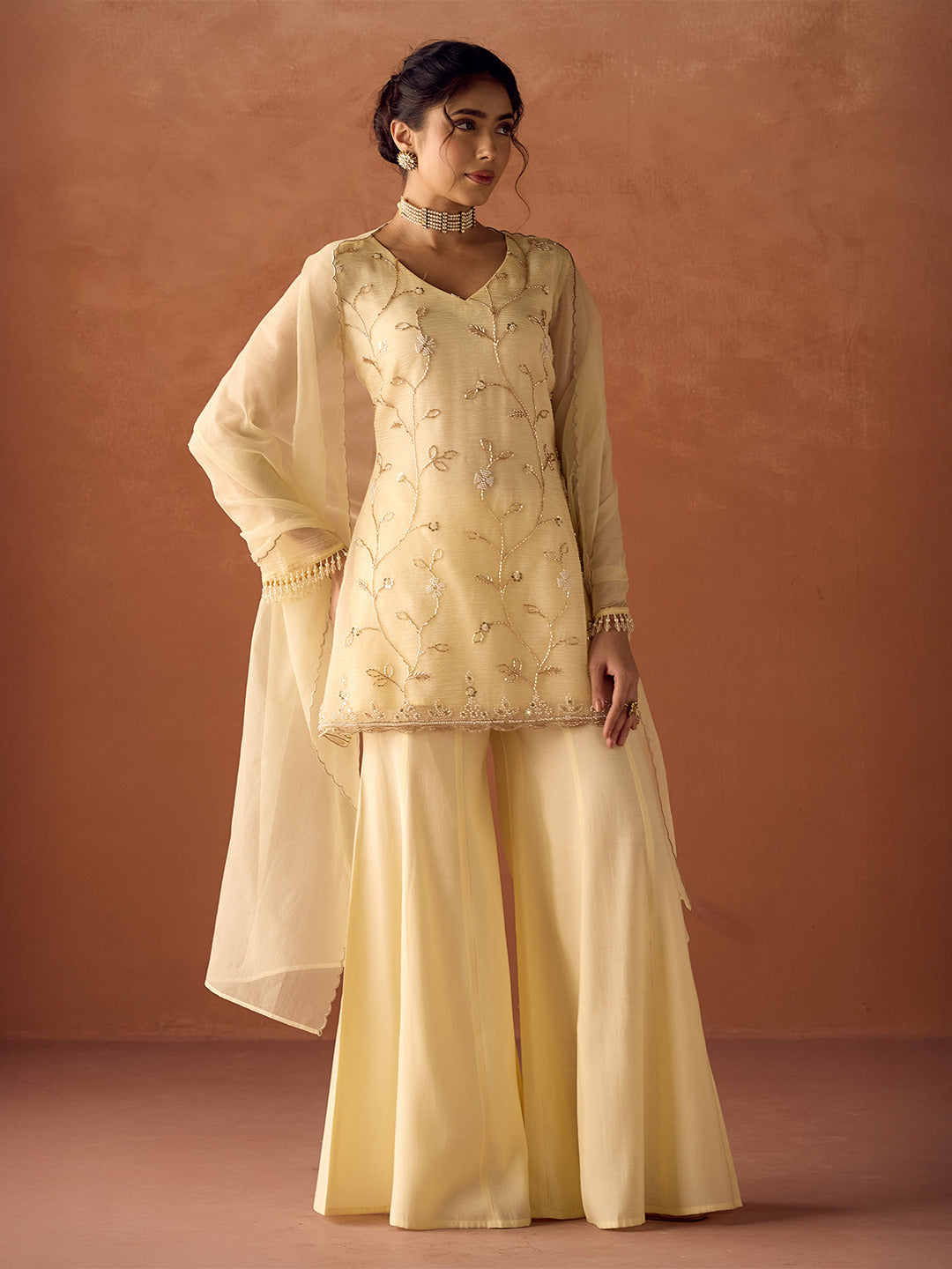 FIORRA Women Light Pastel Yellow Crush Organza Hand Work A-Line Kurta Set with Dupatta