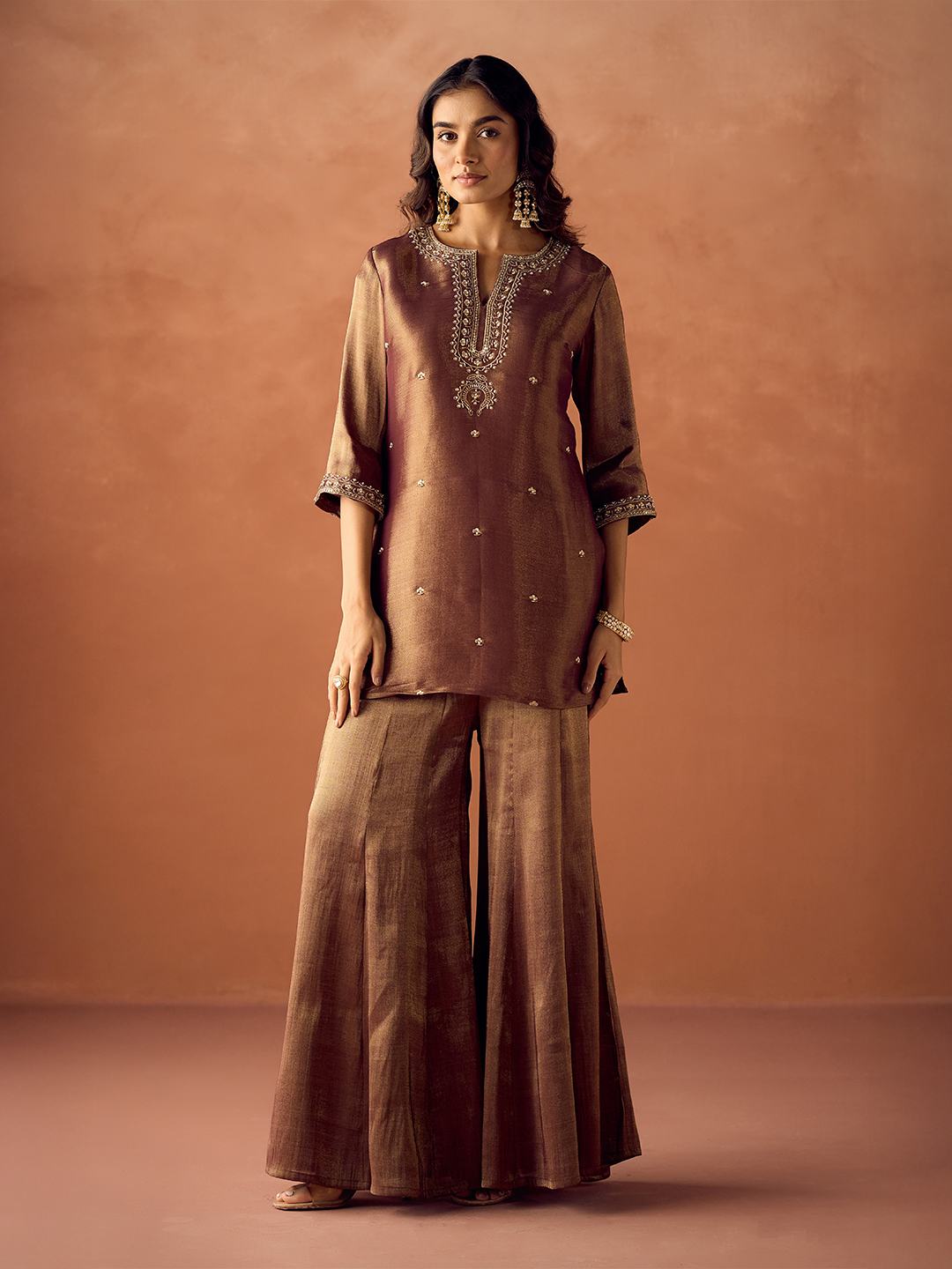 FIORRA Women Brown Tissue Blend Hand Embroidered Kurta Set with Dupatta