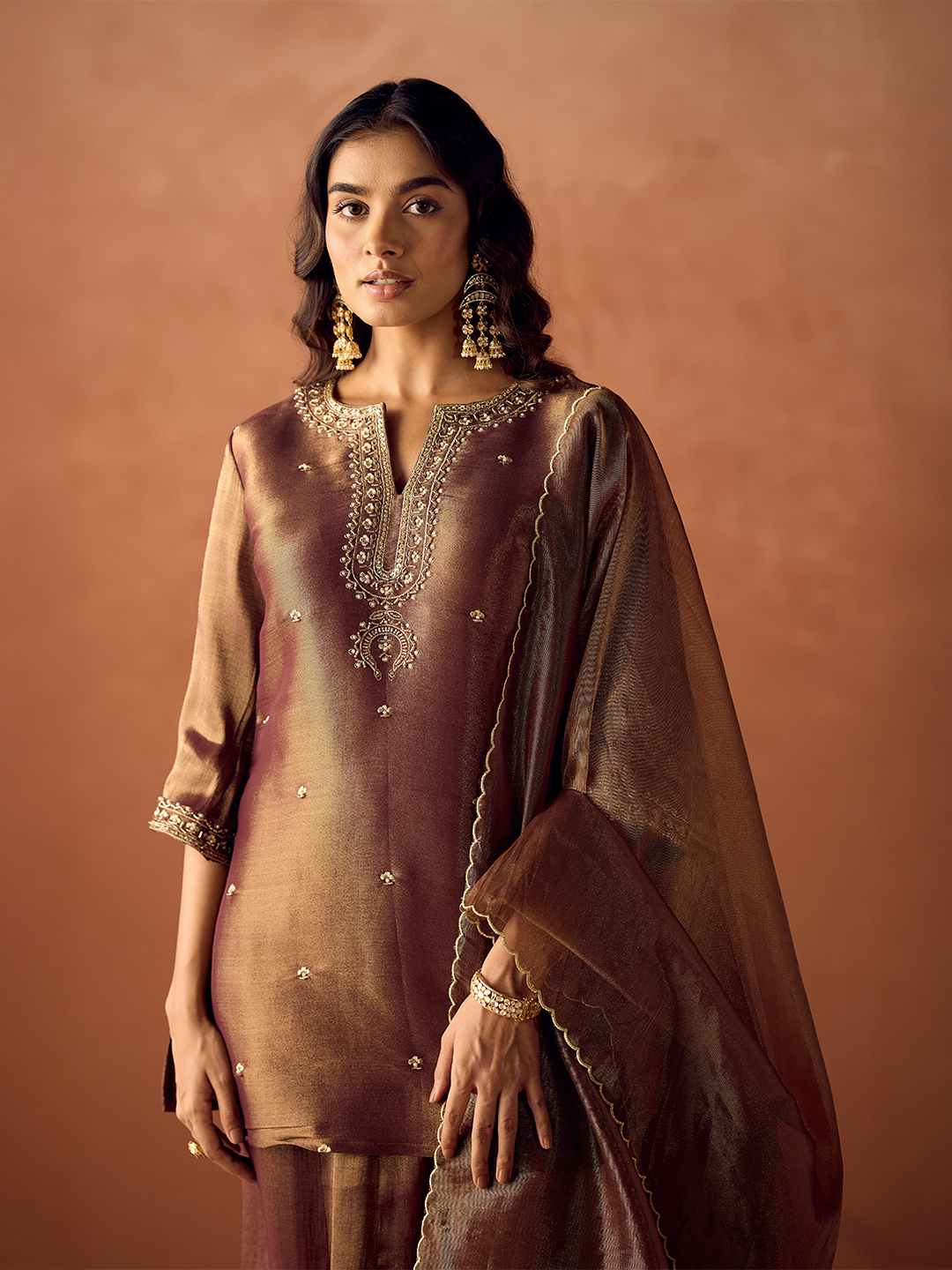 FIORRA Women Brown Tissue Blend Hand Embroidered Kurta Set with Dupatta