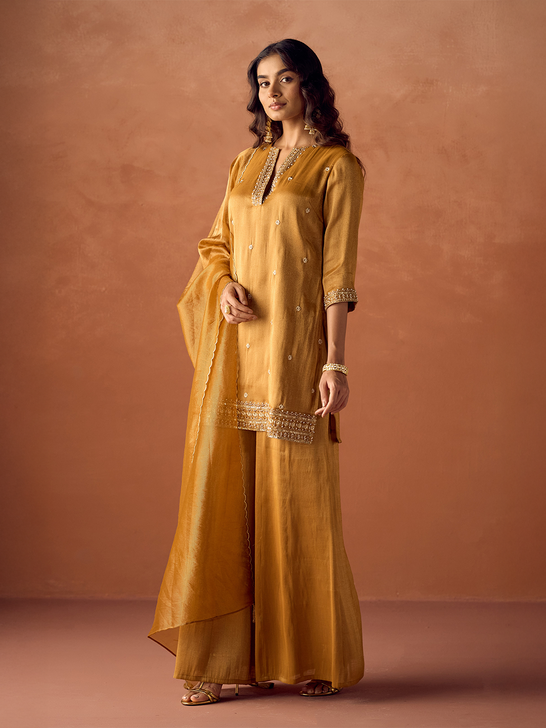FIORRA Women Mustard Tissue Blend Hand Embroidered Kurta Set with Dupatta