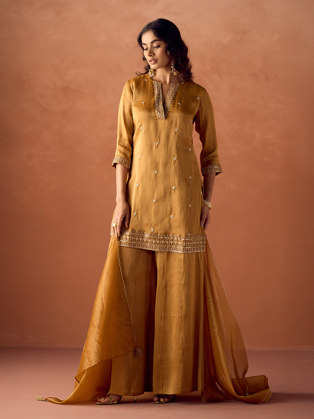 FIORRA Women Mustard Tissue Blend Hand Embroidered Kurta Set with Dupatta