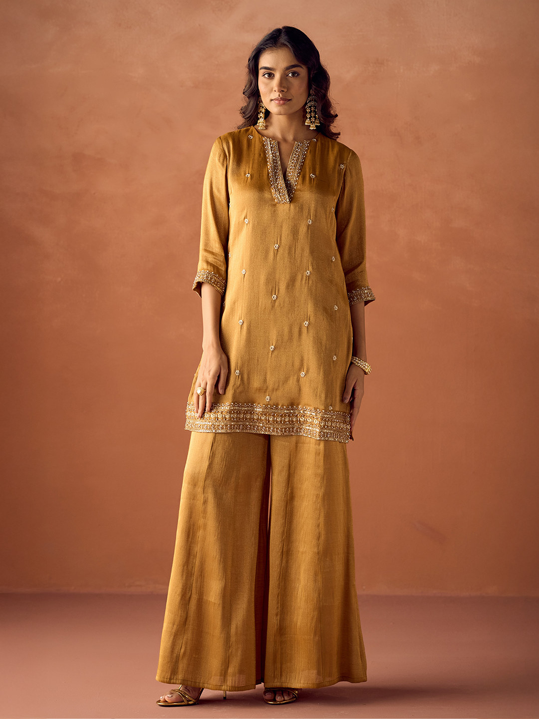 FIORRA Women Mustard Tissue Blend Hand Embroidered Kurta Set with Dupatta