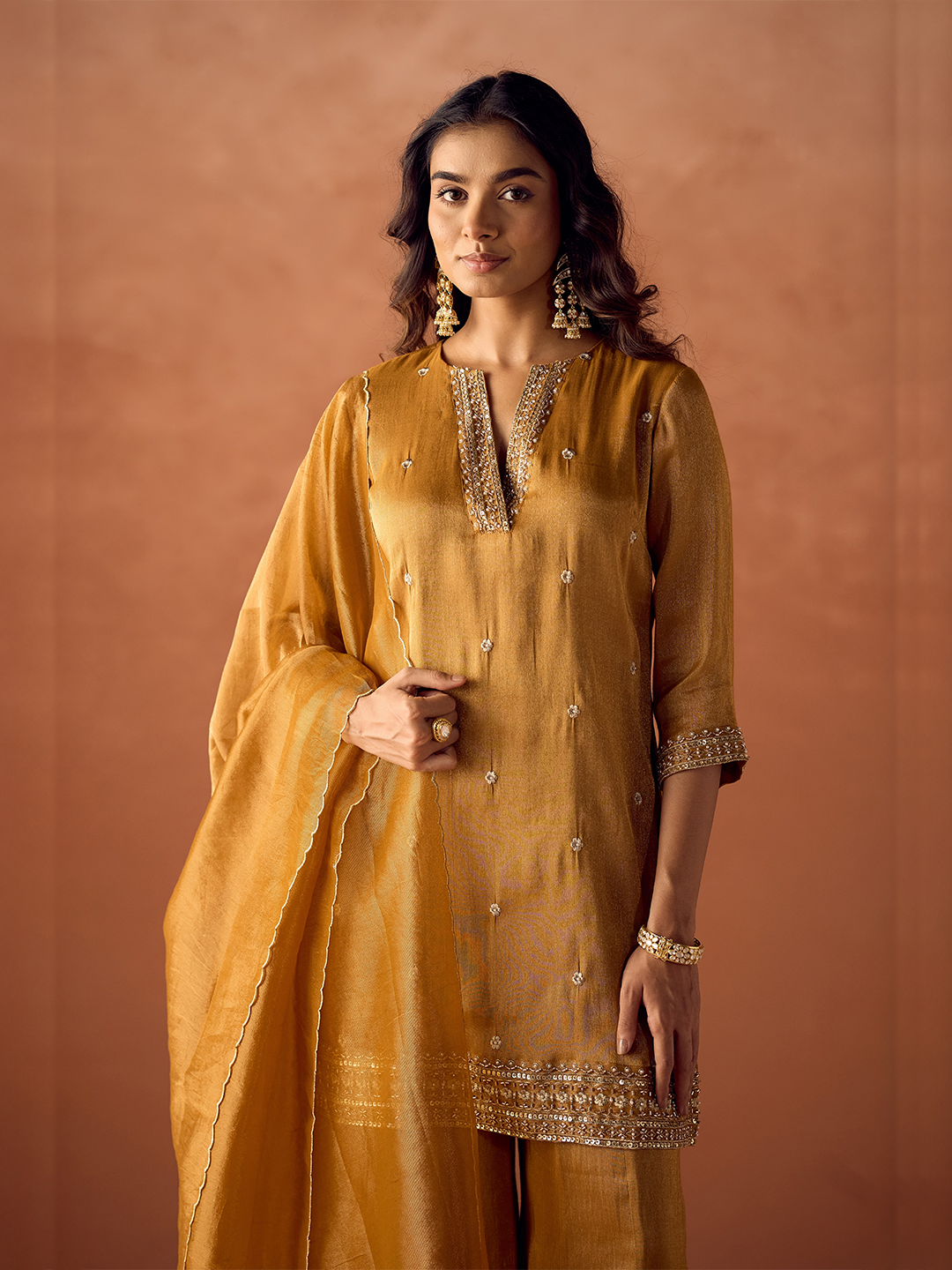 FIORRA Women Mustard Tissue Blend Hand Embroidered Kurta Set with Dupatta