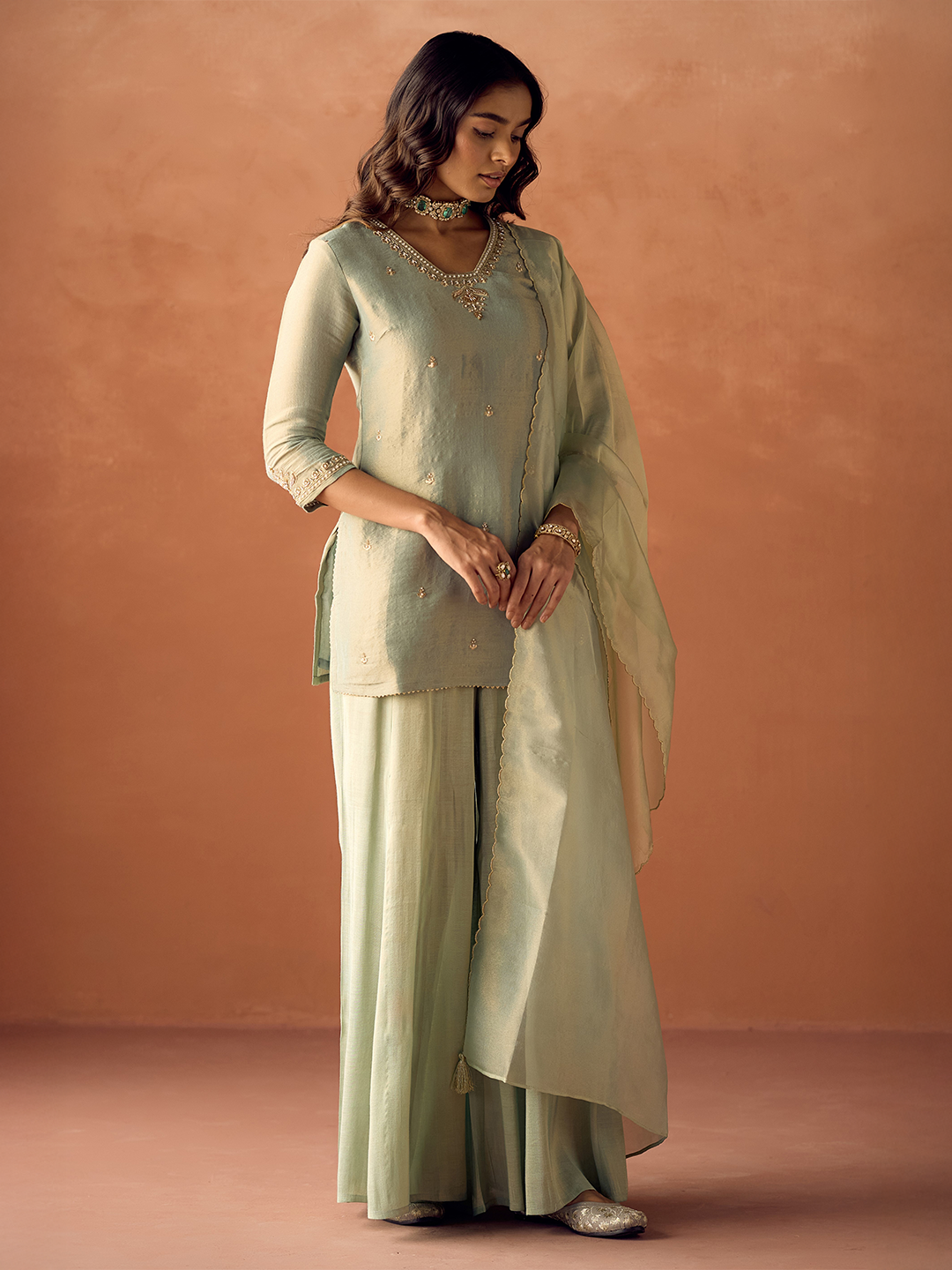 FIORRA Women Pista Green Tissue Blend Hand Embroidered Kurta Set with Dupatta