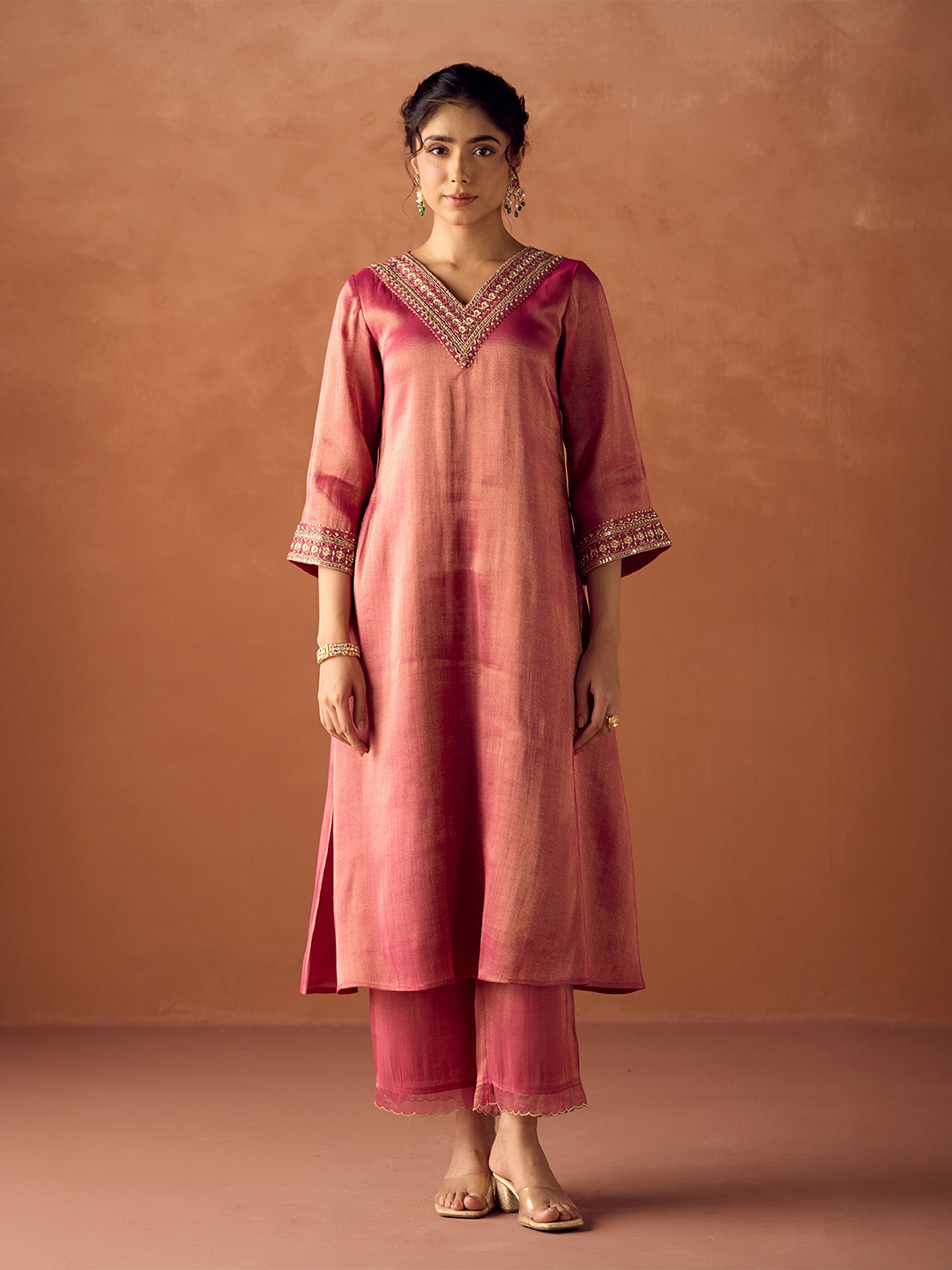 FIORRA Women Rose Pink Tissue Blend Hand Embroidered Kurta Set with Dupatta
