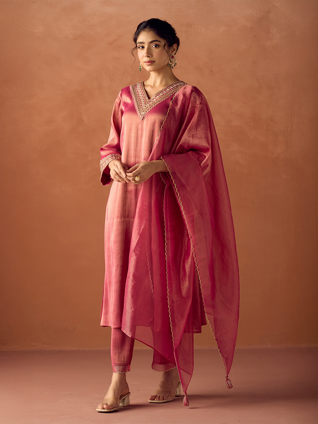 FIORRA Women Rose Pink Tissue Blend Hand Embroidered Kurta Set with Dupatta