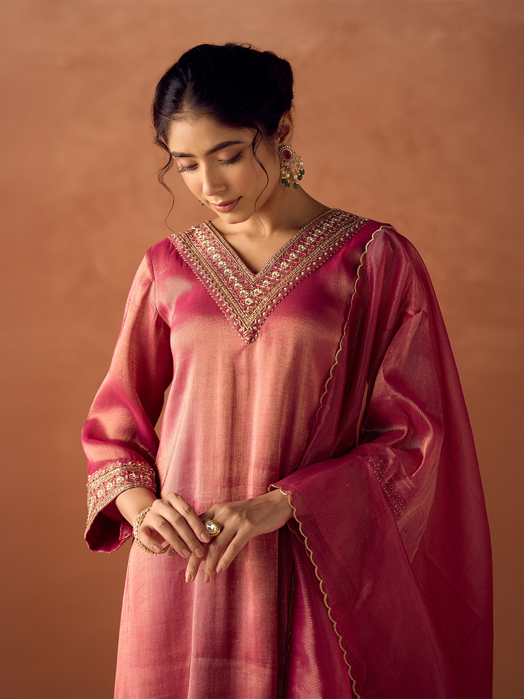 FIORRA Women Rose Pink Tissue Blend Hand Embroidered Kurta Set with Dupatta