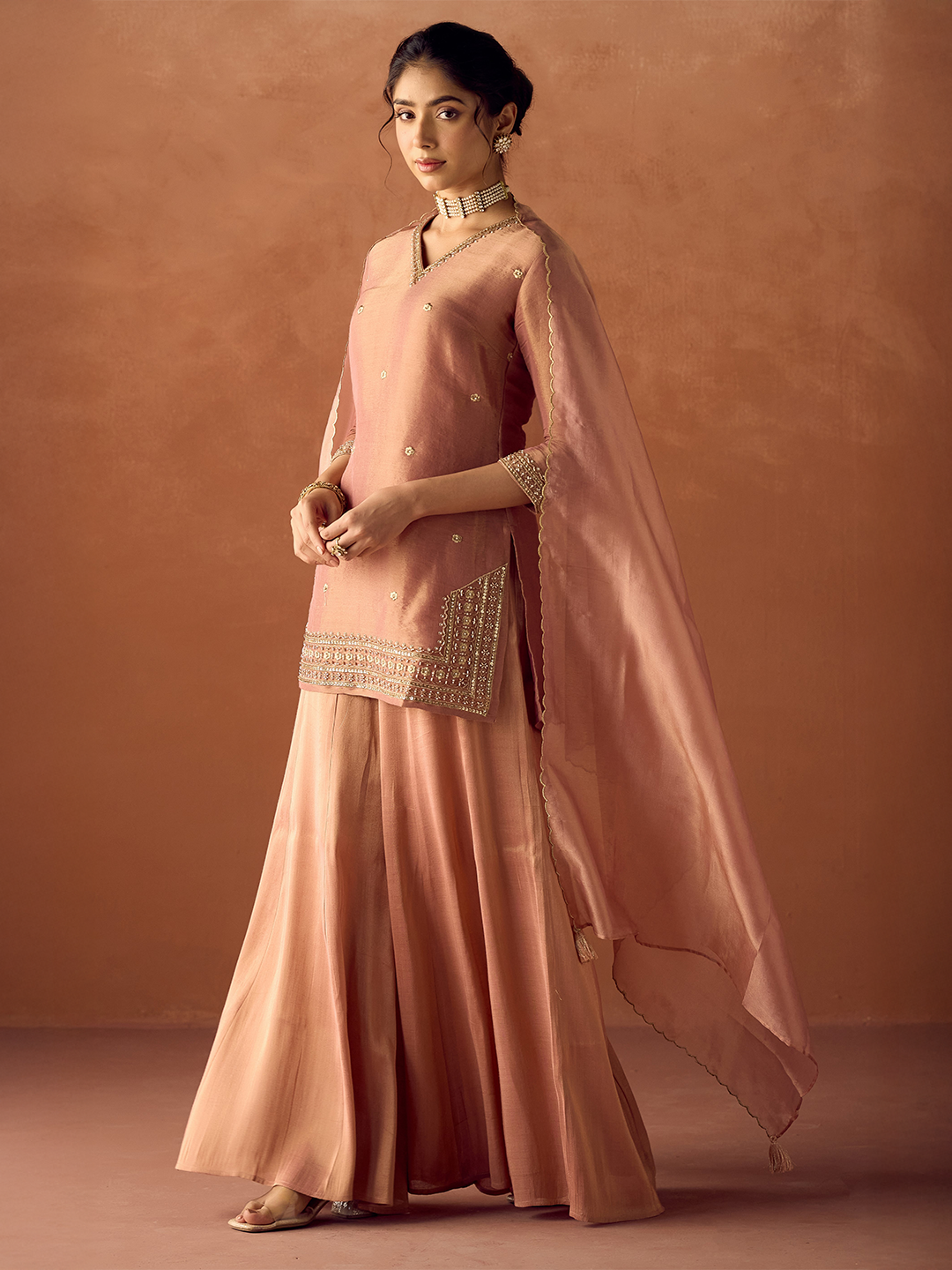 FIORRA Women Peach Tissue Blend Hand Embroidered Kurta Set with Dupatta