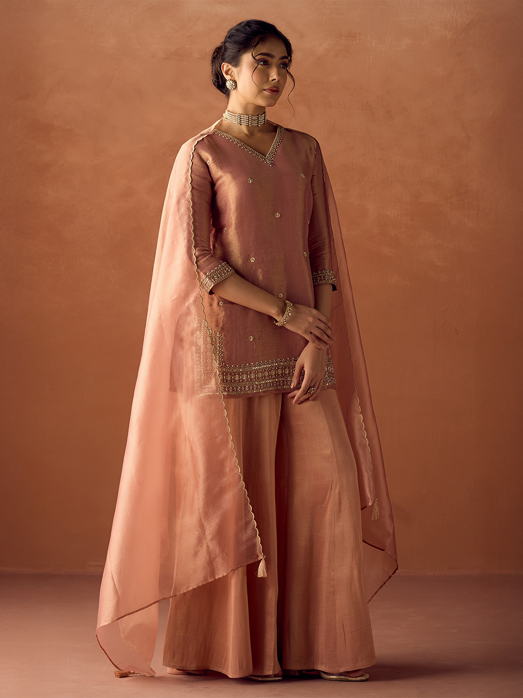 FIORRA Women Peach Tissue Blend Hand Embroidered Kurta Set with Dupatta