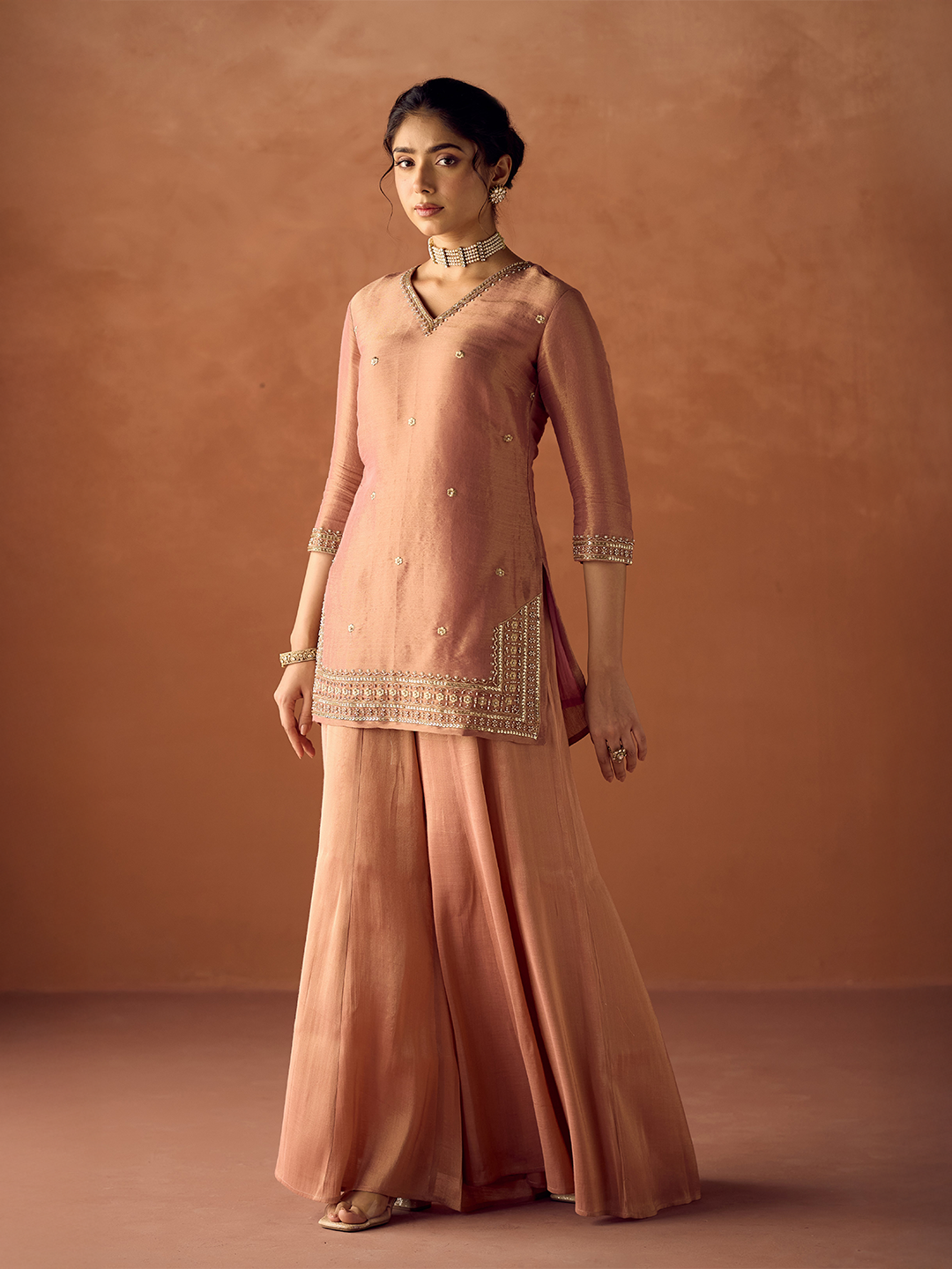 FIORRA Women Peach Tissue Blend Hand Embroidered Kurta Set with Dupatta