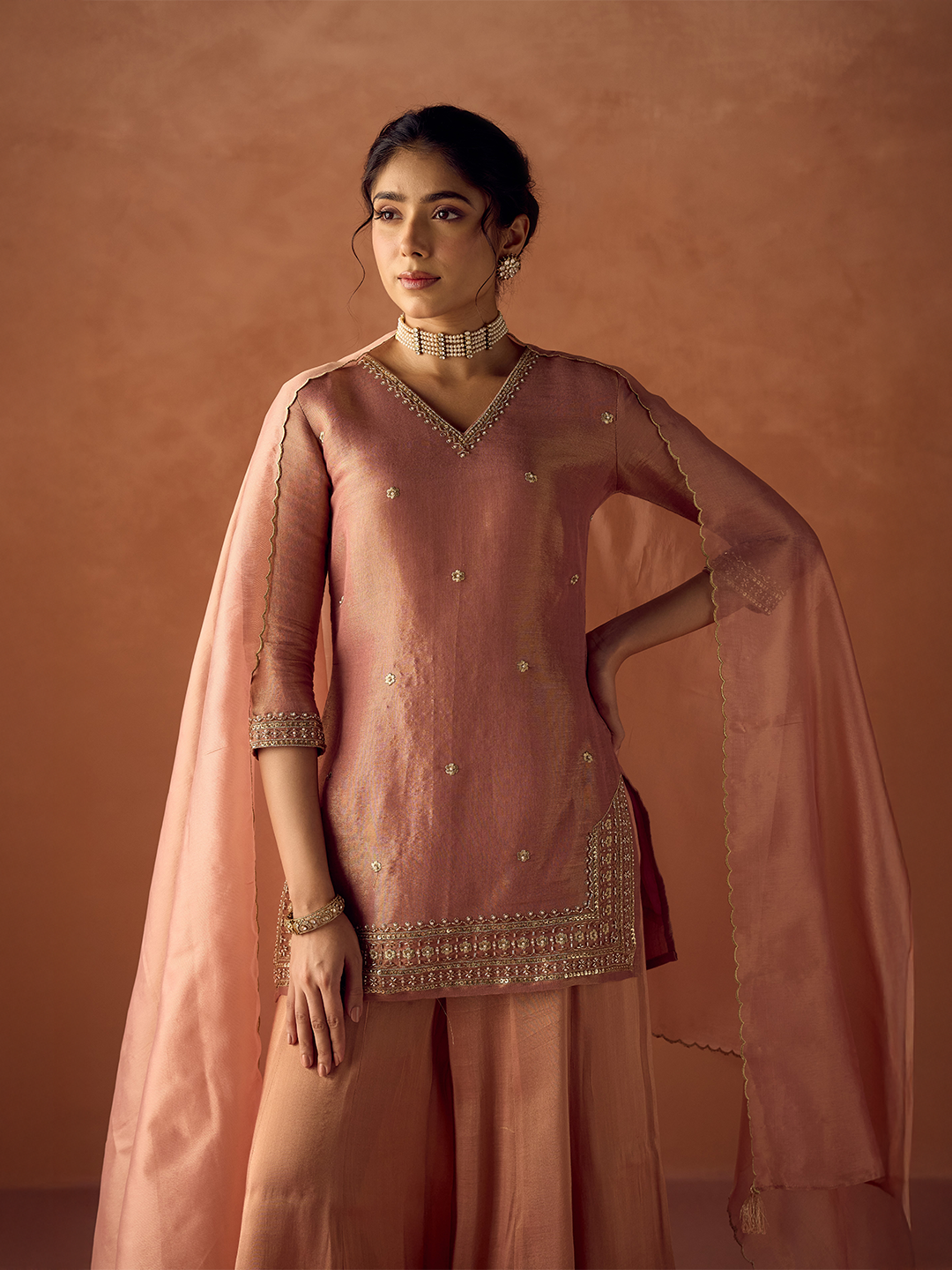 FIORRA Women Peach Tissue Blend Hand Embroidered Kurta Set with Dupatta
