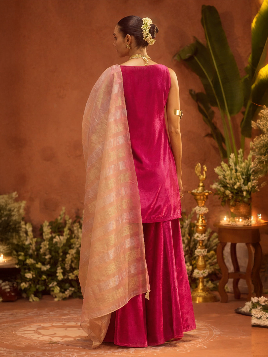 FIORRA Women Rani Pink Ice Velvet Embroidered Kurta Set with Dupatta