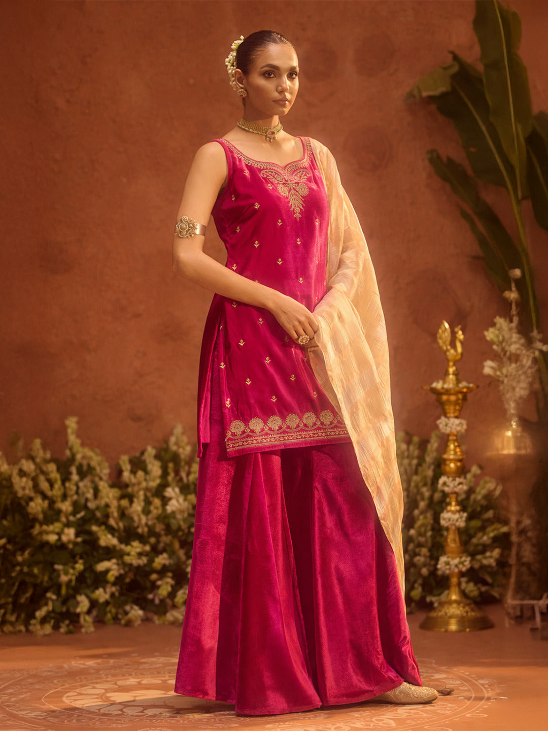 FIORRA Women Rani Pink Ice Velvet Embroidered Kurta Set with Dupatta