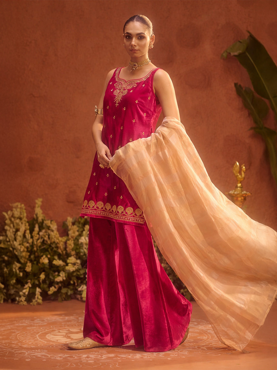 FIORRA Women Rani Pink Ice Velvet Embroidered Kurta Set with Dupatta