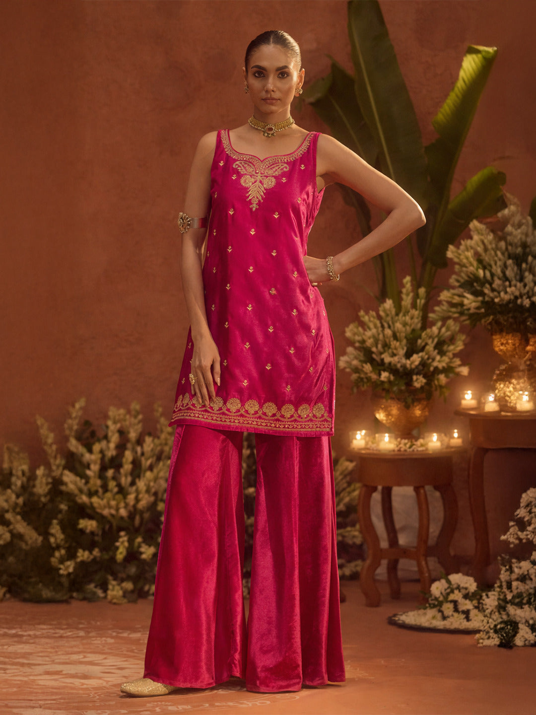 FIORRA Women Rani Pink Ice Velvet Embroidered Kurta Set with Dupatta