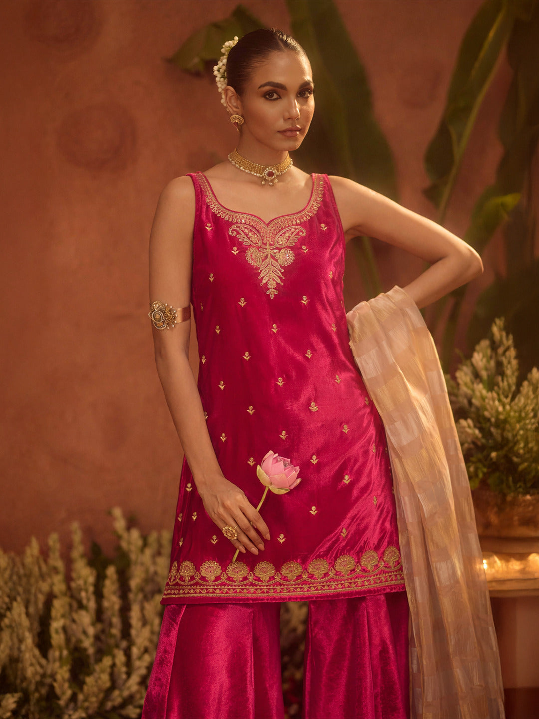 FIORRA Women Rani Pink Ice Velvet Embroidered Kurta Set with Dupatta