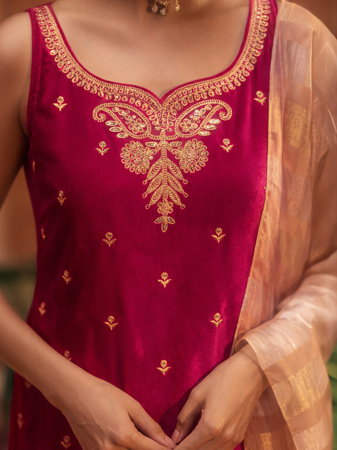 FIORRA Women Rani Pink Ice Velvet Embroidered Kurta Set with Dupatta