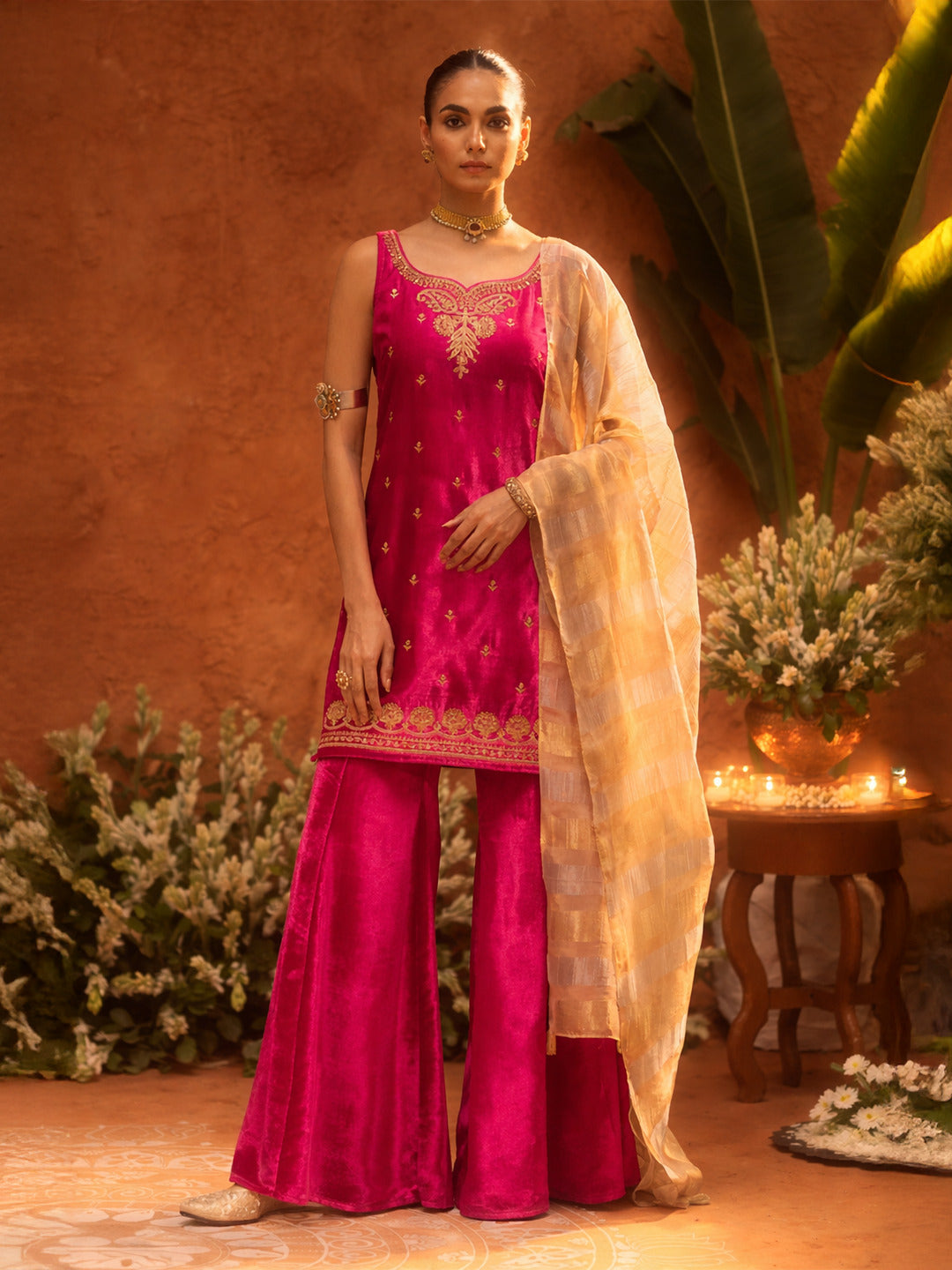 FIORRA Women Rani Pink Ice Velvet Embroidered Kurta Set with Dupatta