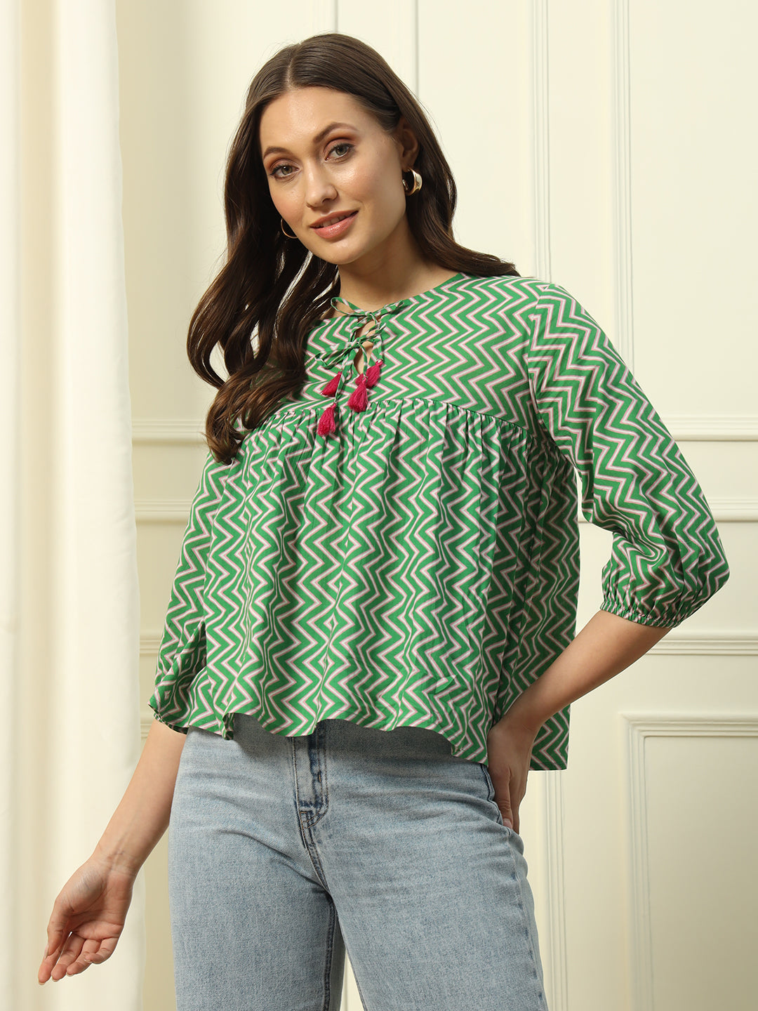 FIORRA Women's Green Strip Printed Cotton Top