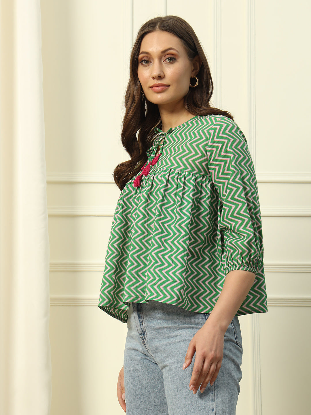 FIORRA Women's Green Strip Printed Cotton Top