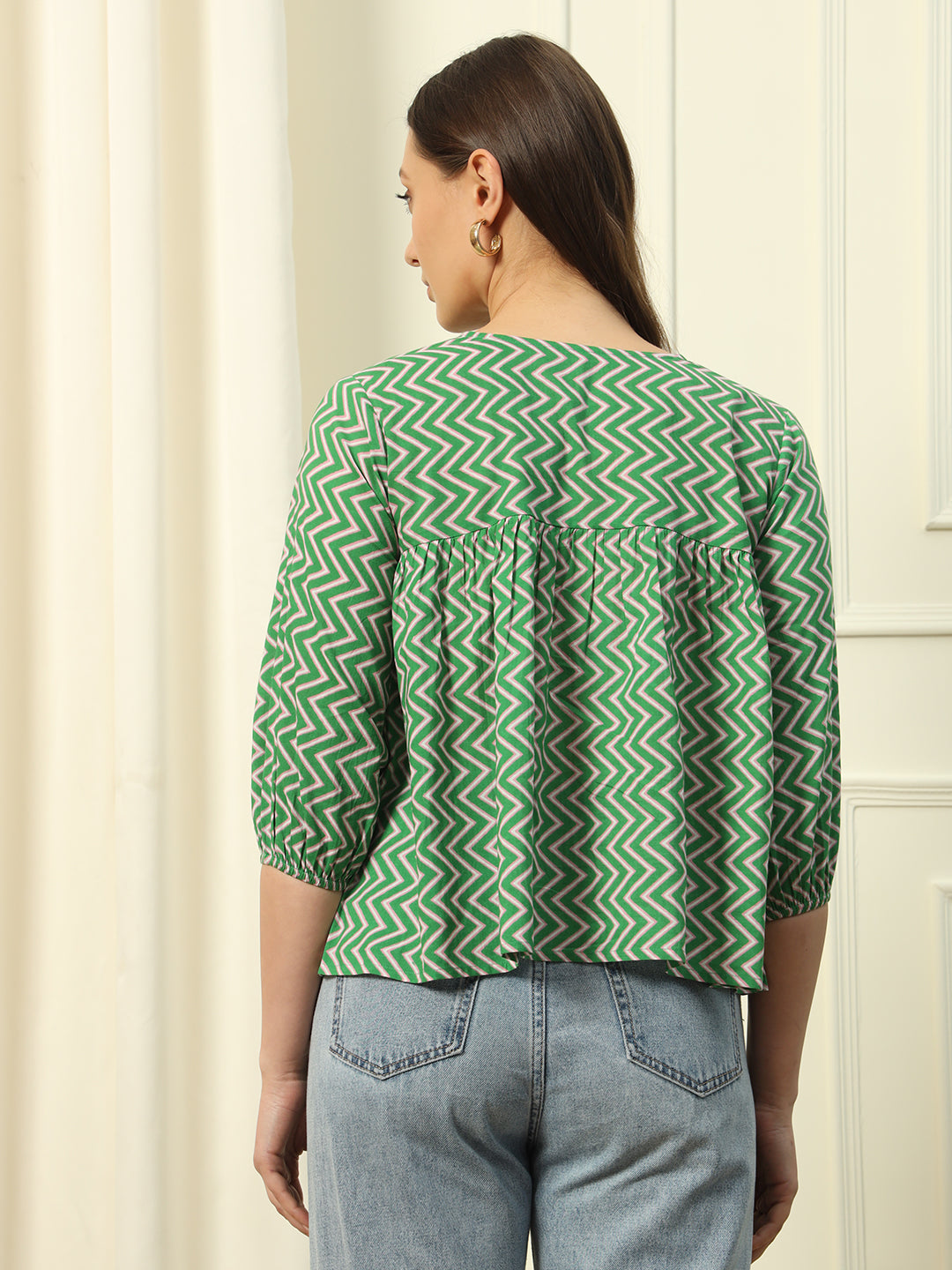 FIORRA Women's Green Strip Printed Cotton Top