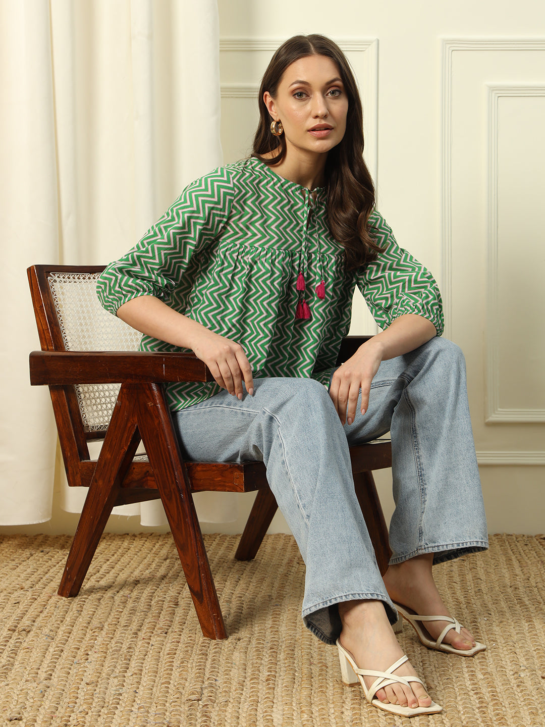 FIORRA Women's Green Strip Printed Cotton Top