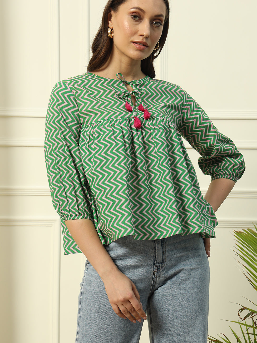 FIORRA Women's Green Strip Printed Cotton Top