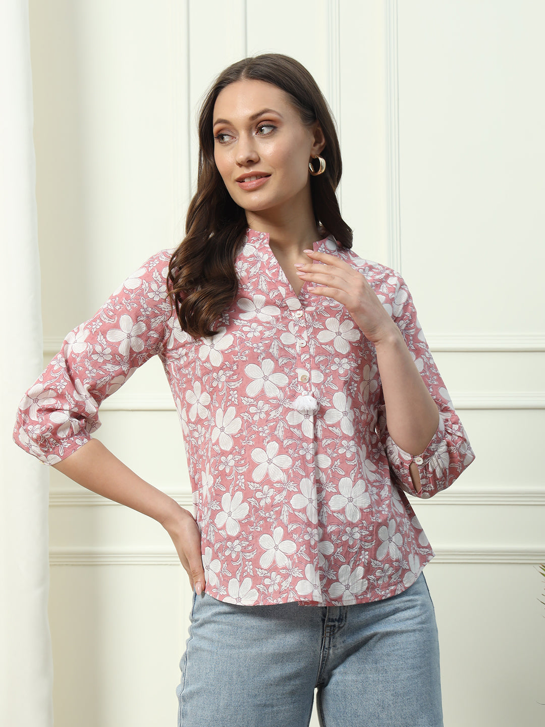 FIORRA Women's Pink Floral Printed Cotton Top
