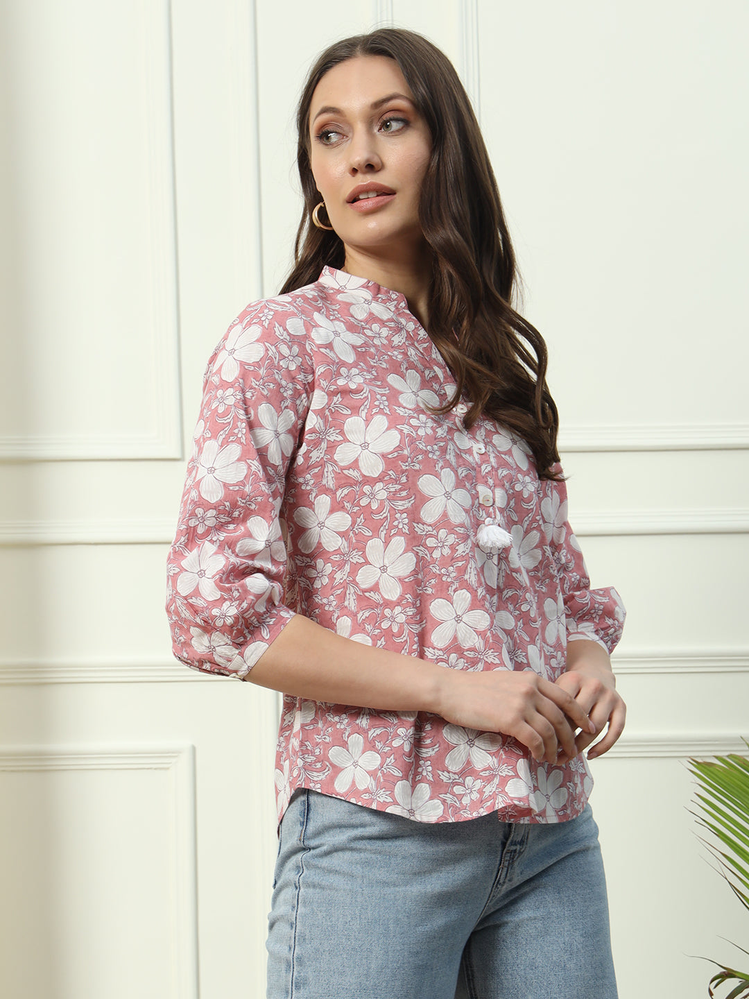 FIORRA Women's Pink Floral Printed Cotton Top