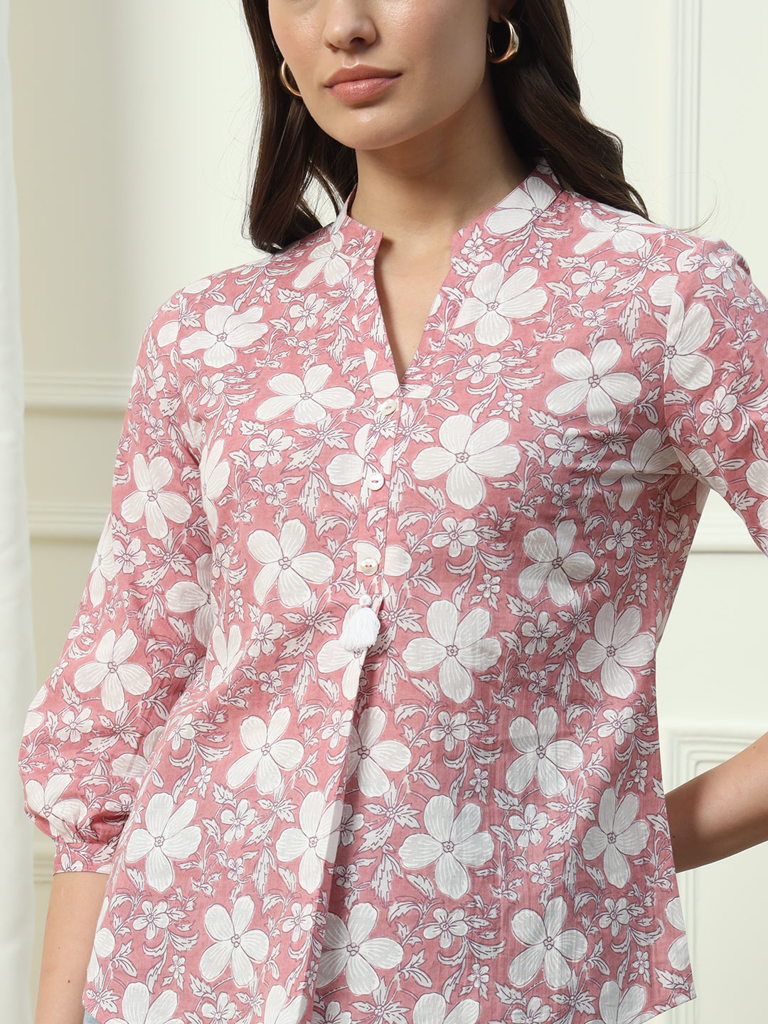 FIORRA Women's Pink Floral Printed Cotton Top