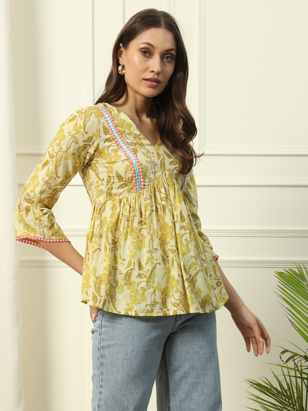FIORRA Women's Yellow Printed Cotton Top