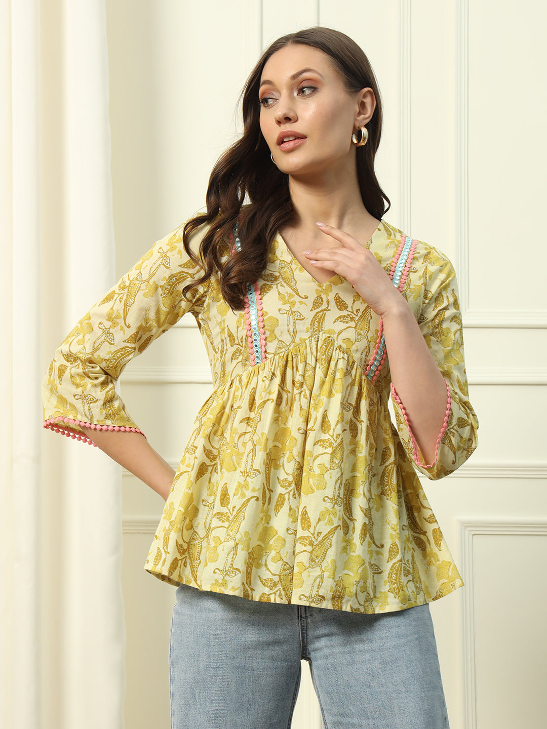 FIORRA Women's Yellow Printed Cotton Top