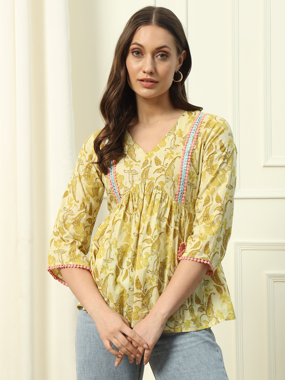 FIORRA Women's Yellow Printed Cotton Top